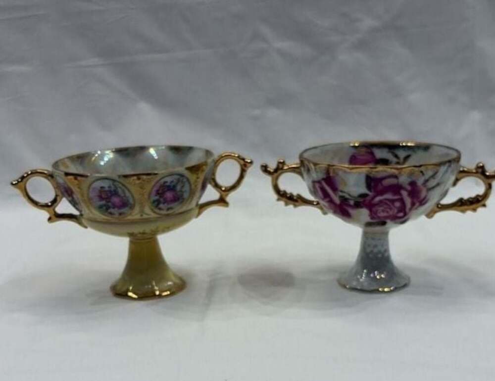Royal Sealy Lusterware Pedestal Compote Cups Floral 2 Designs
